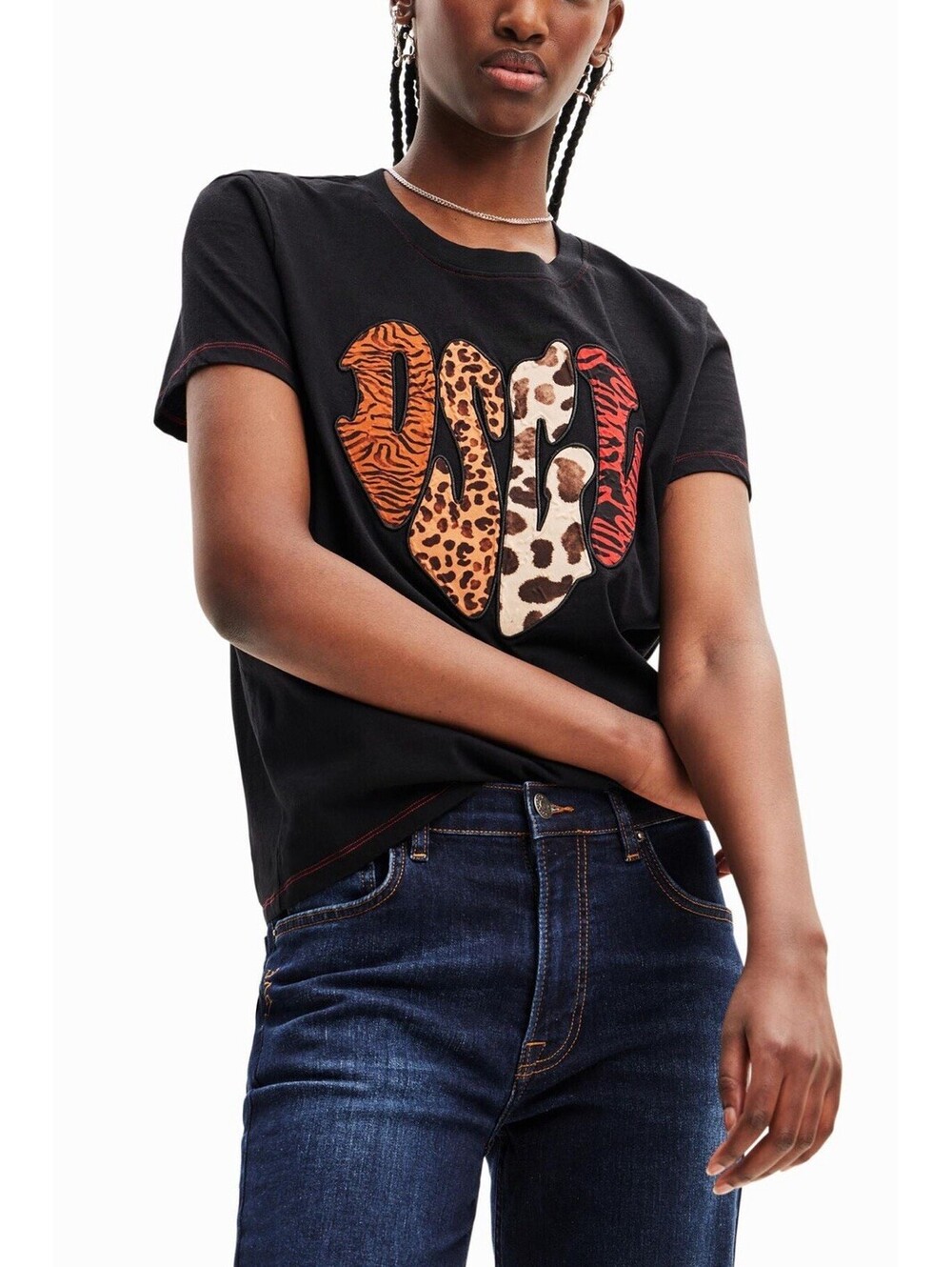 Desigual Women’s Small Animal Motif Heart Graphic Cotton Baby Tee Boxy‎